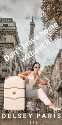 A street picture of Paris and the Eiffel Tower with a young attractive women with here Delsey Suitcase and 1946. This is a poster on TCAMRC Services to link to the advertiser Delsey Luggage.