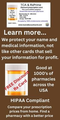 Poster showing the TCA RXPrime discount card and a link to get it